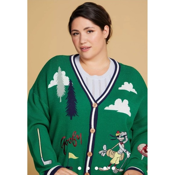 Disney Goofy Golf Cardigan M Green Knit‎ Embroidered Sweater Sweatshirt Patch